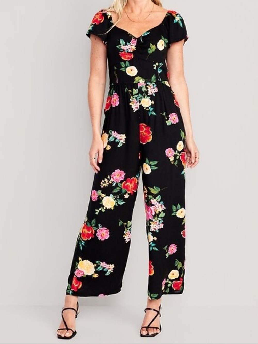 Old Navy Black Floral Flutter Sleeve Sweetheart Wide Leg Jumpsuit Size Medium